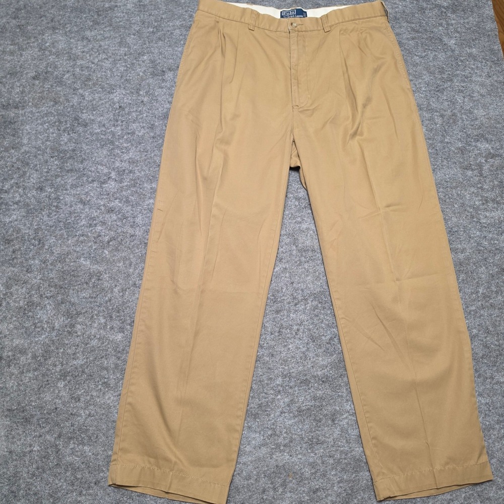 VTG Polo Ralph Lauren Mens Hammond Pant Cotton Tan 35x32 Pleated Chino Trousers